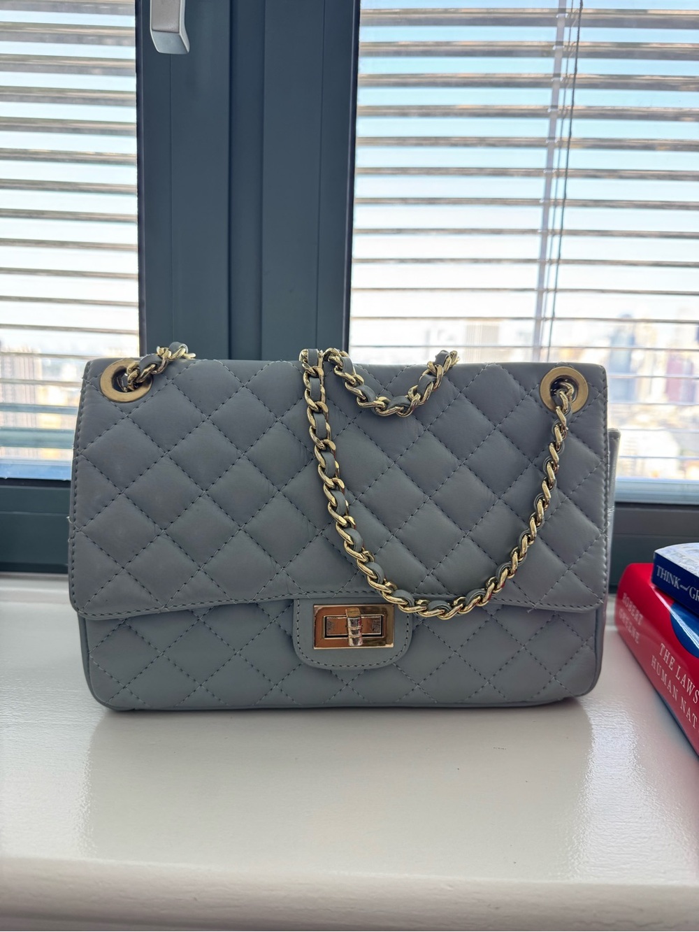Quilted Chain-Handle Shoulder Bag in Light blue- Italian Real leather